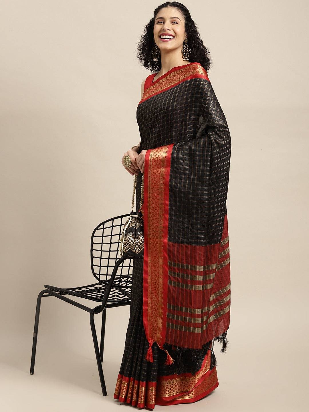 Black Colour Check Zari Weaving Design Uppada Cotton Silk Saree