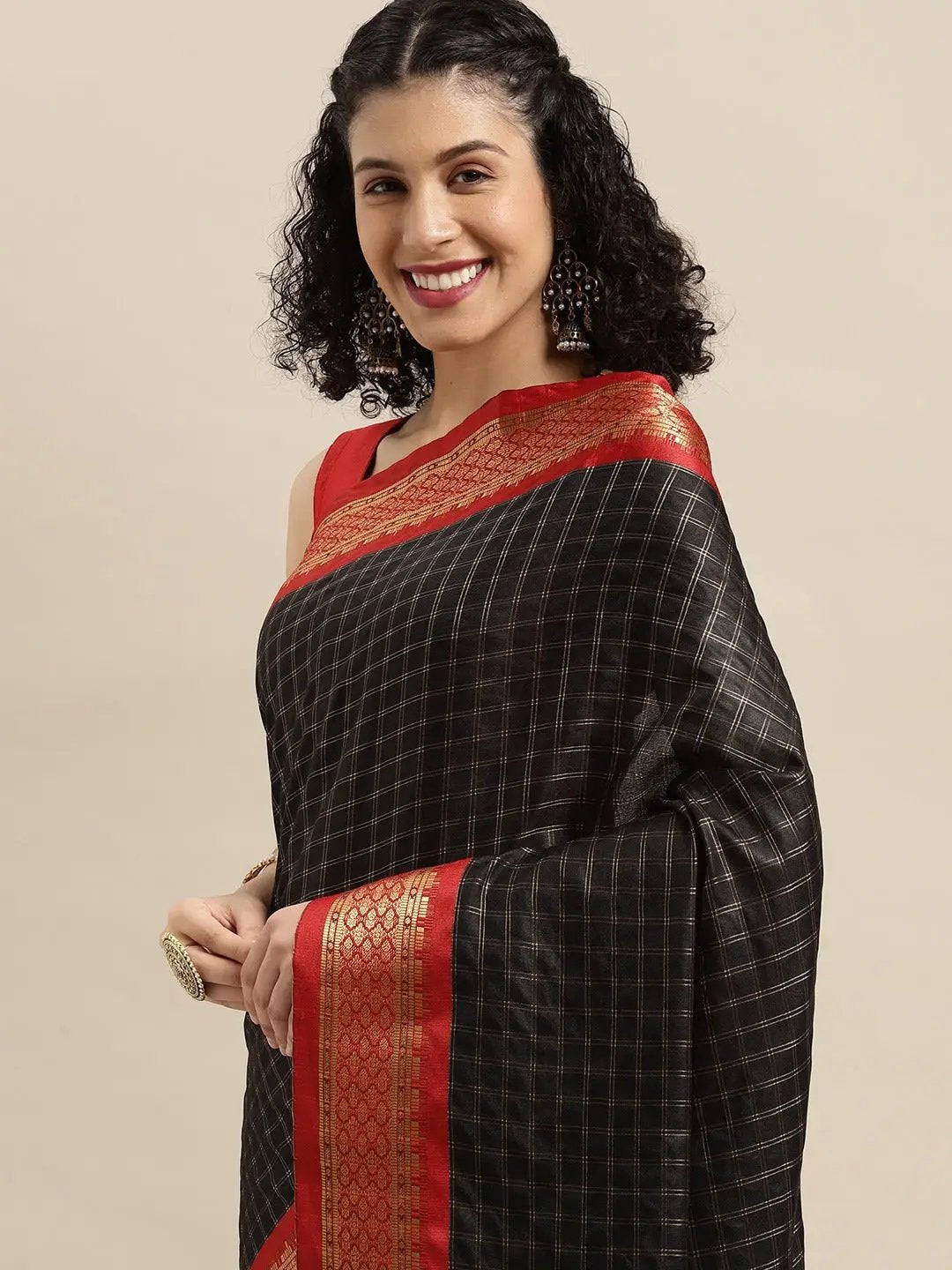 Black Colour Check Zari Weaving Design Uppada Cotton Silk Saree
