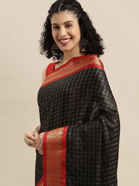 Black Colour Check Zari Weaving Design Uppada Cotton Silk Saree