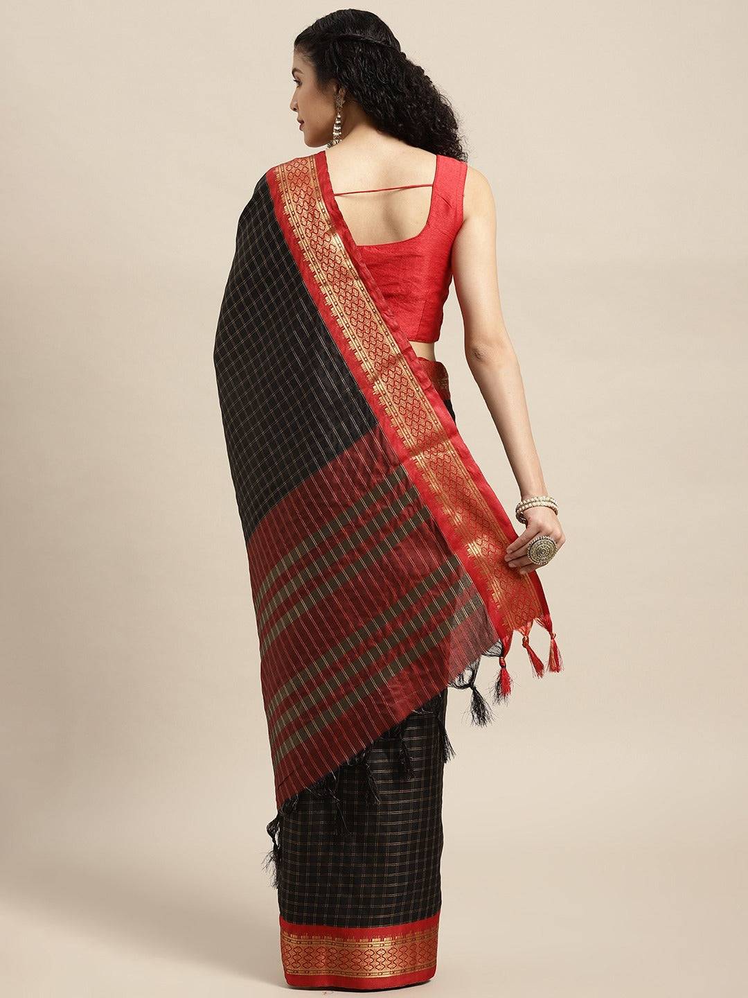Black Colour Check Zari Weaving Design Uppada Cotton Silk Saree