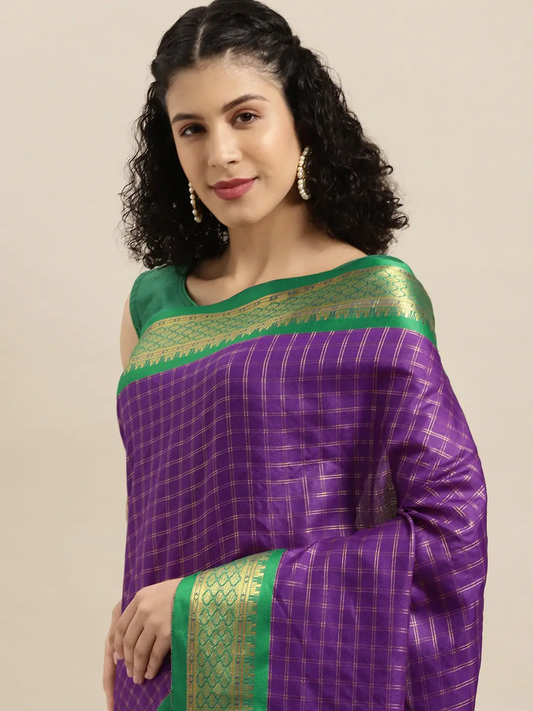 Purple Colour Check Zari Weaving Uppada Cotton Silk Saree by My Store