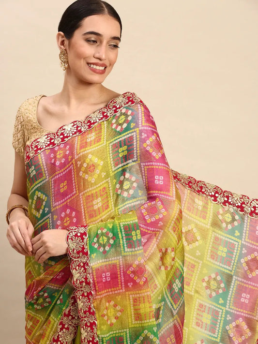 Chiffon Bandhej Print Saree With Embellished Border by My Store