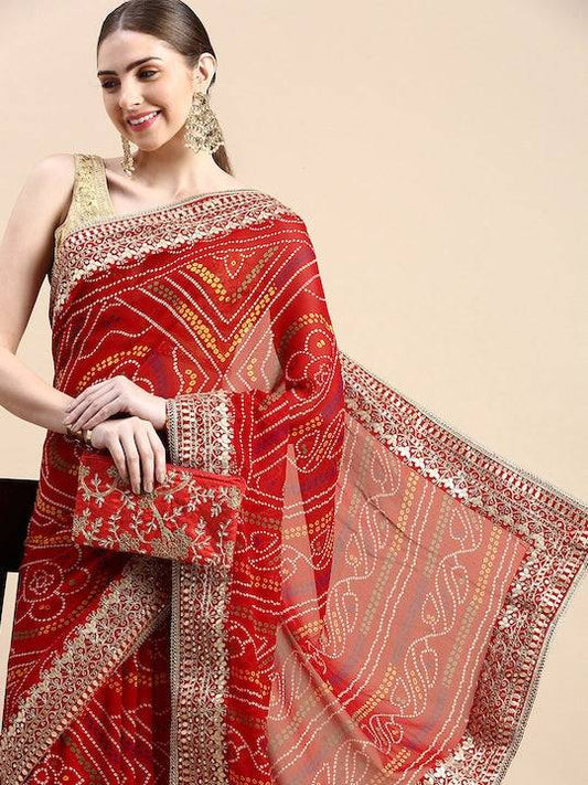 Sequinned Poly Georgette Bandhani Saree by My Store