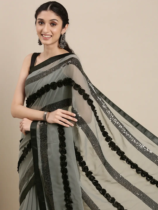 Poly Georgette Ribbon 3D Work Grey Colour Saree by My Store