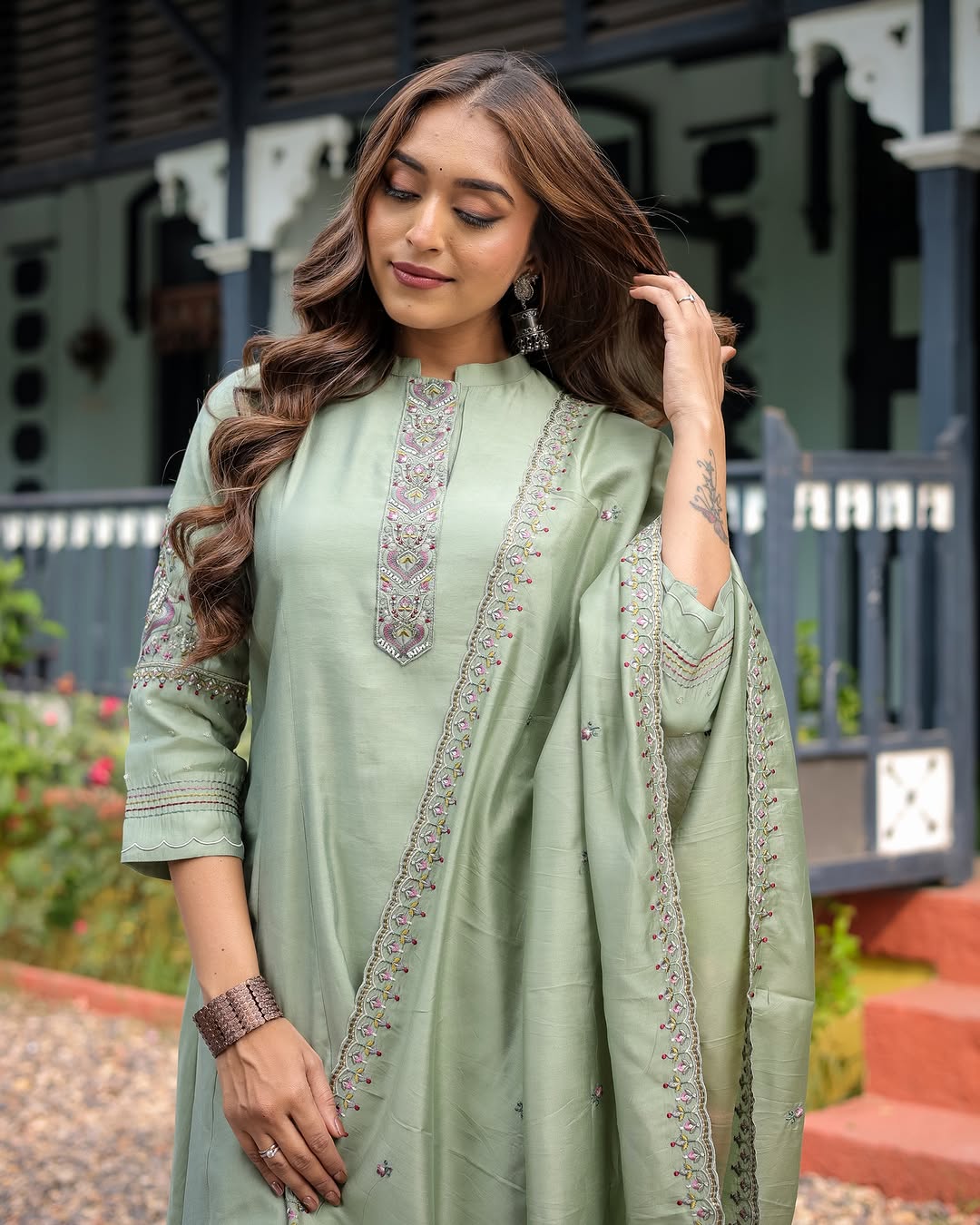 "Elegant Olive Green Embroidered Kurta Set with Dupatta"
