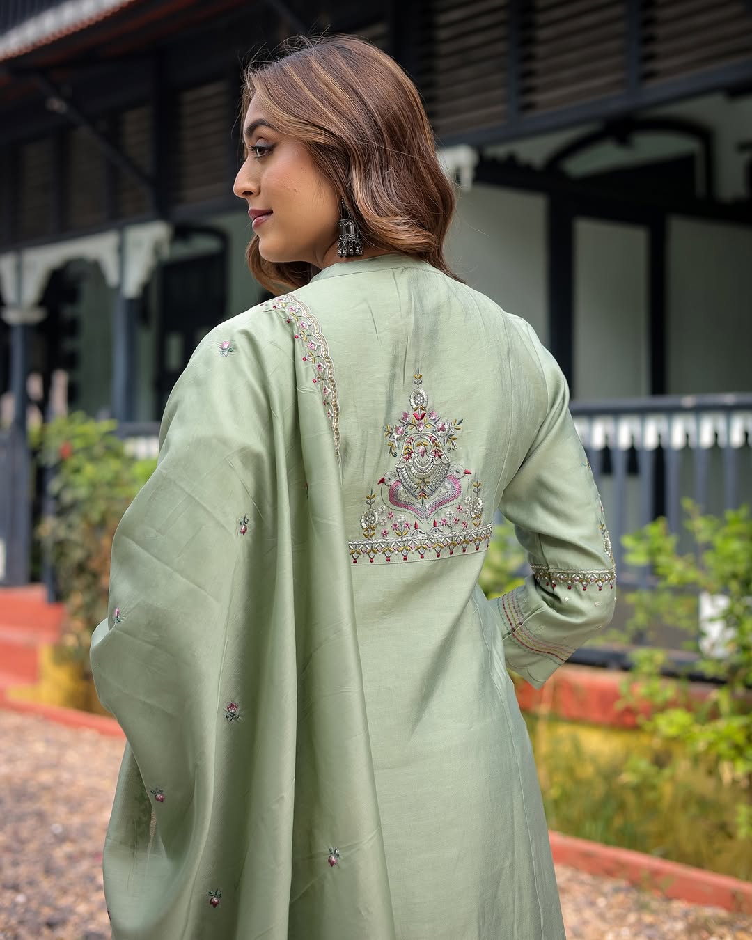 "Elegant Olive Green Embroidered Kurta Set with Dupatta"