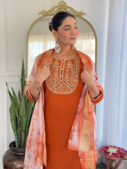 Rust Orange Embroidered Kurta Set with Floral Dupatta