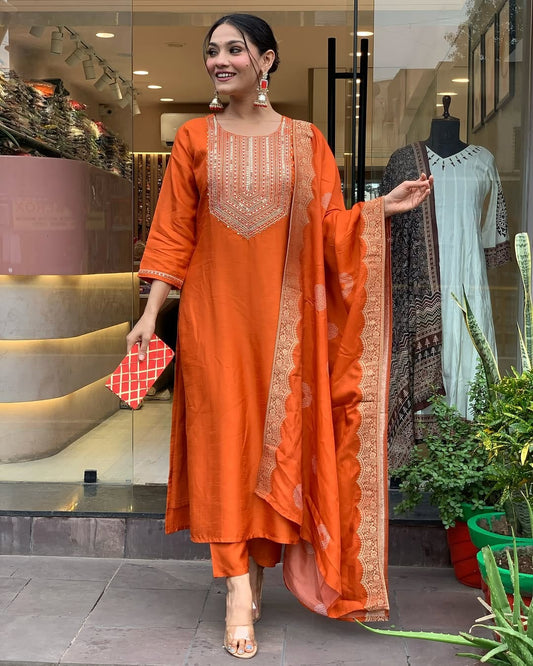 Silk Embroidered Orange Kurta Set