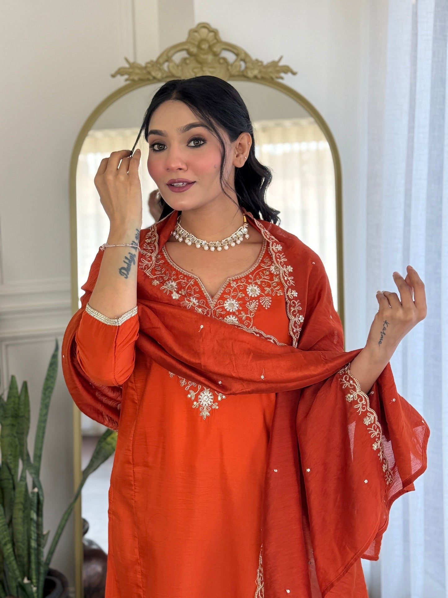 "Elegant Bloom: Orange Cotton Kurta Set with White Floral Print & Dupatta"