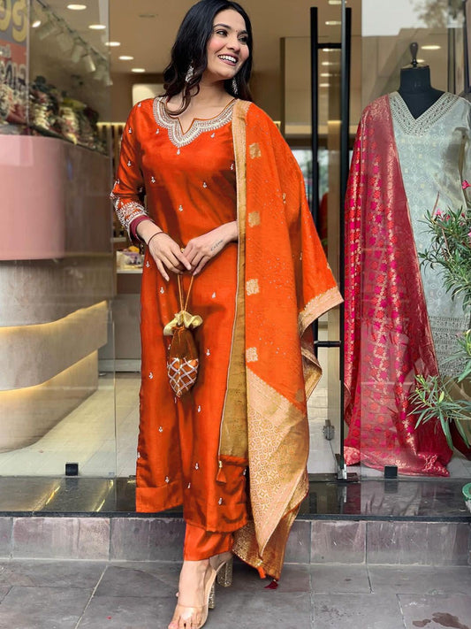 "Festive Radiance: Rust Orange Silk Kurta Set with Banarasi Dupatta"