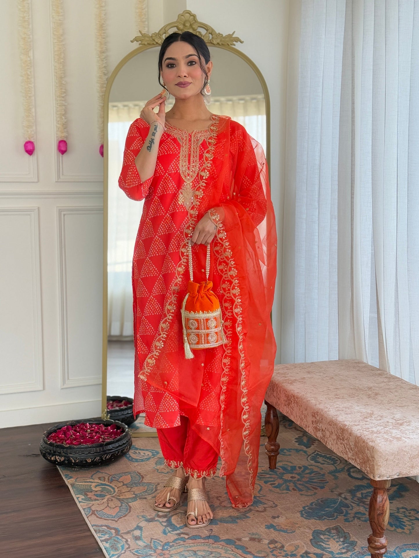 Orange Viscose Kurta set for Women