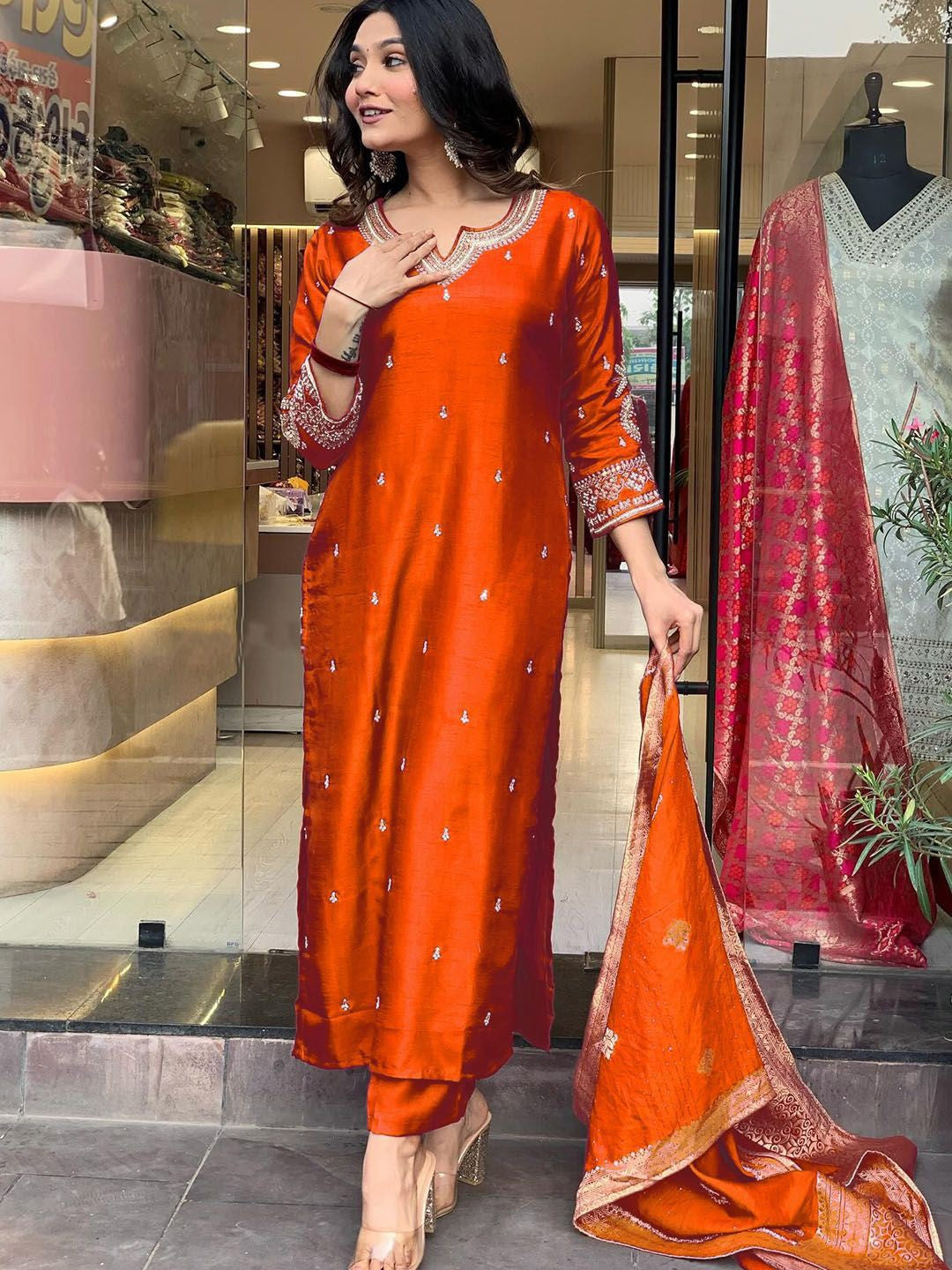 "Festive Radiance: Rust Orange Silk Kurta Set with Banarasi Dupatta"