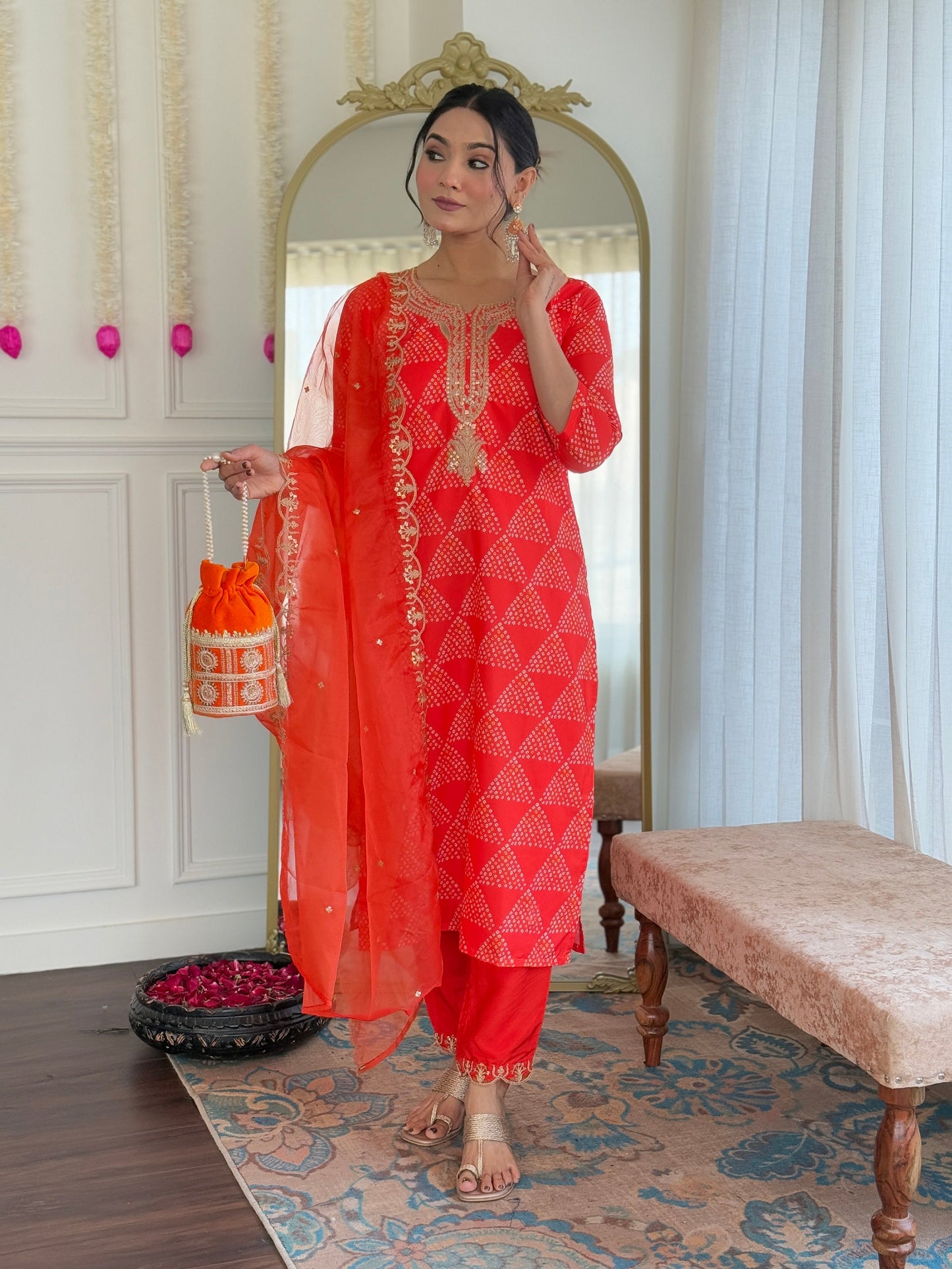 Orange Viscose Kurta set for Women