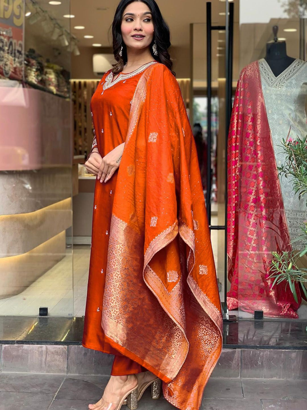 "Festive Radiance: Rust Orange Silk Kurta Set with Banarasi Dupatta"