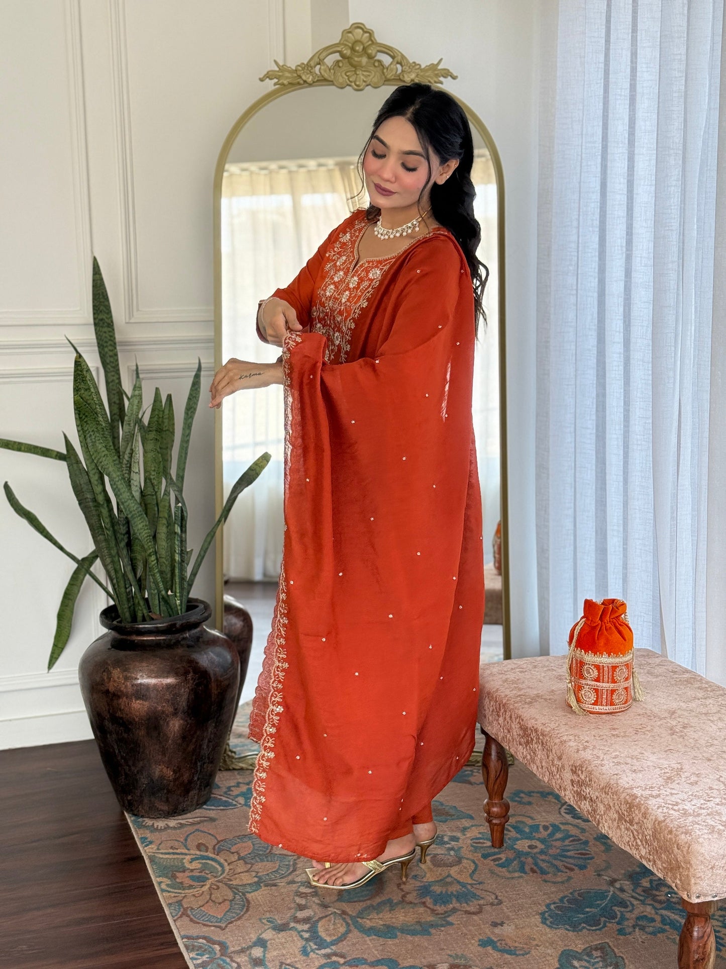 "Elegant Bloom: Orange Cotton Kurta Set with White Floral Print & Dupatta"