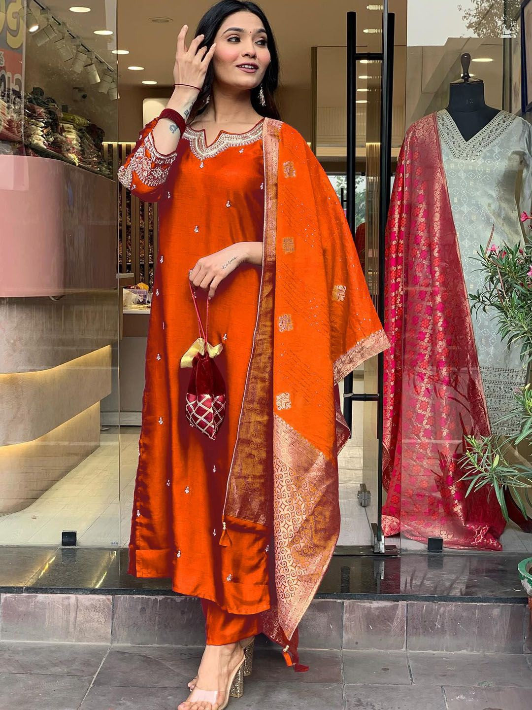 "Festive Radiance: Rust Orange Silk Kurta Set with Banarasi Dupatta"