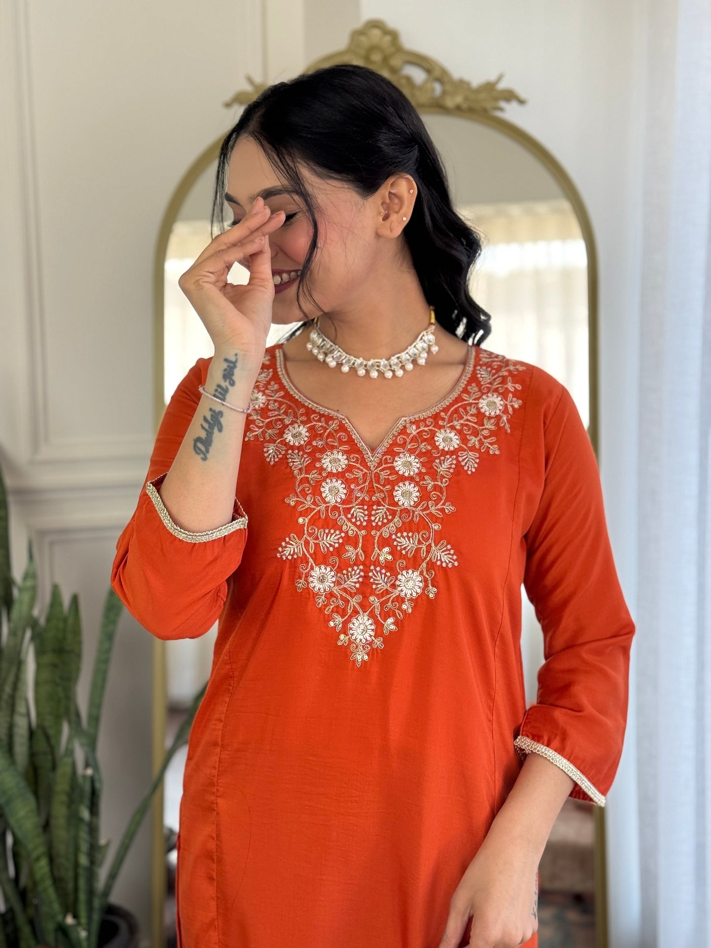 "Elegant Bloom: Orange Cotton Kurta Set with White Floral Print & Dupatta"