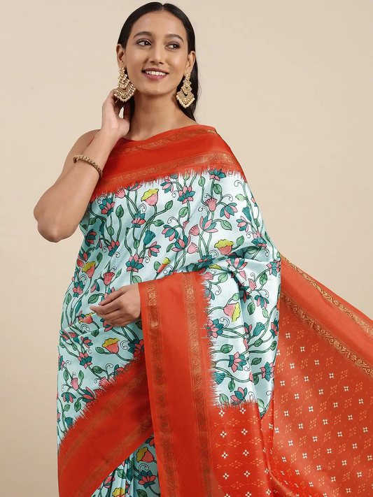 Soft Silk Kalamkari Digital Print Sky Blue Colour Saree by My Store