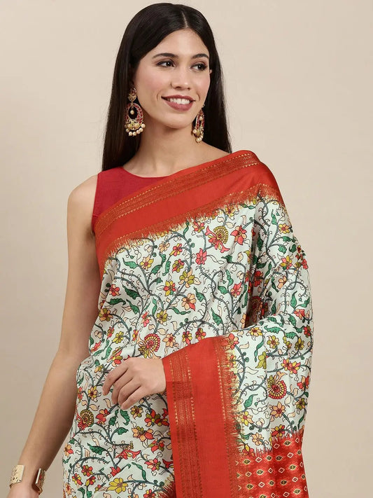 Soft Silk Kalamkari Digital Print Festive Green Colour Saree by My Store