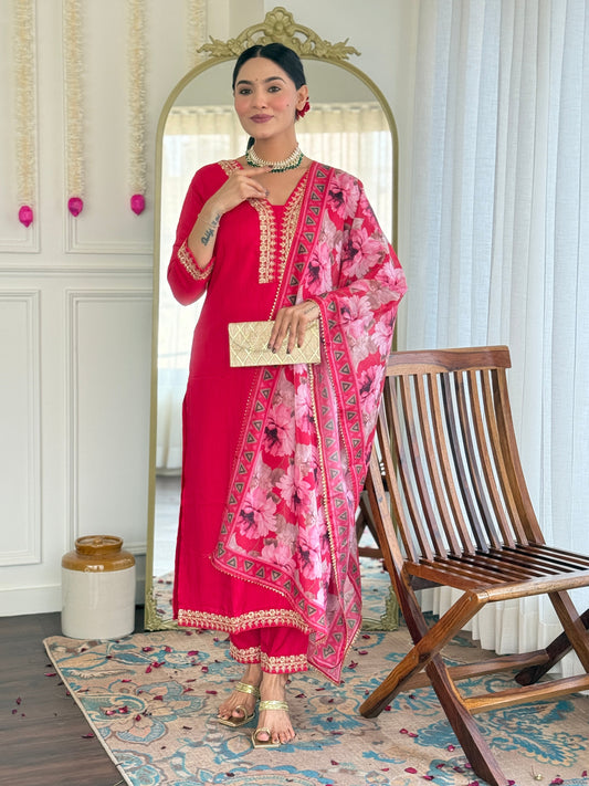 Women's Silk Blend Straight Embroidered Kurta with Pant & Dupatta