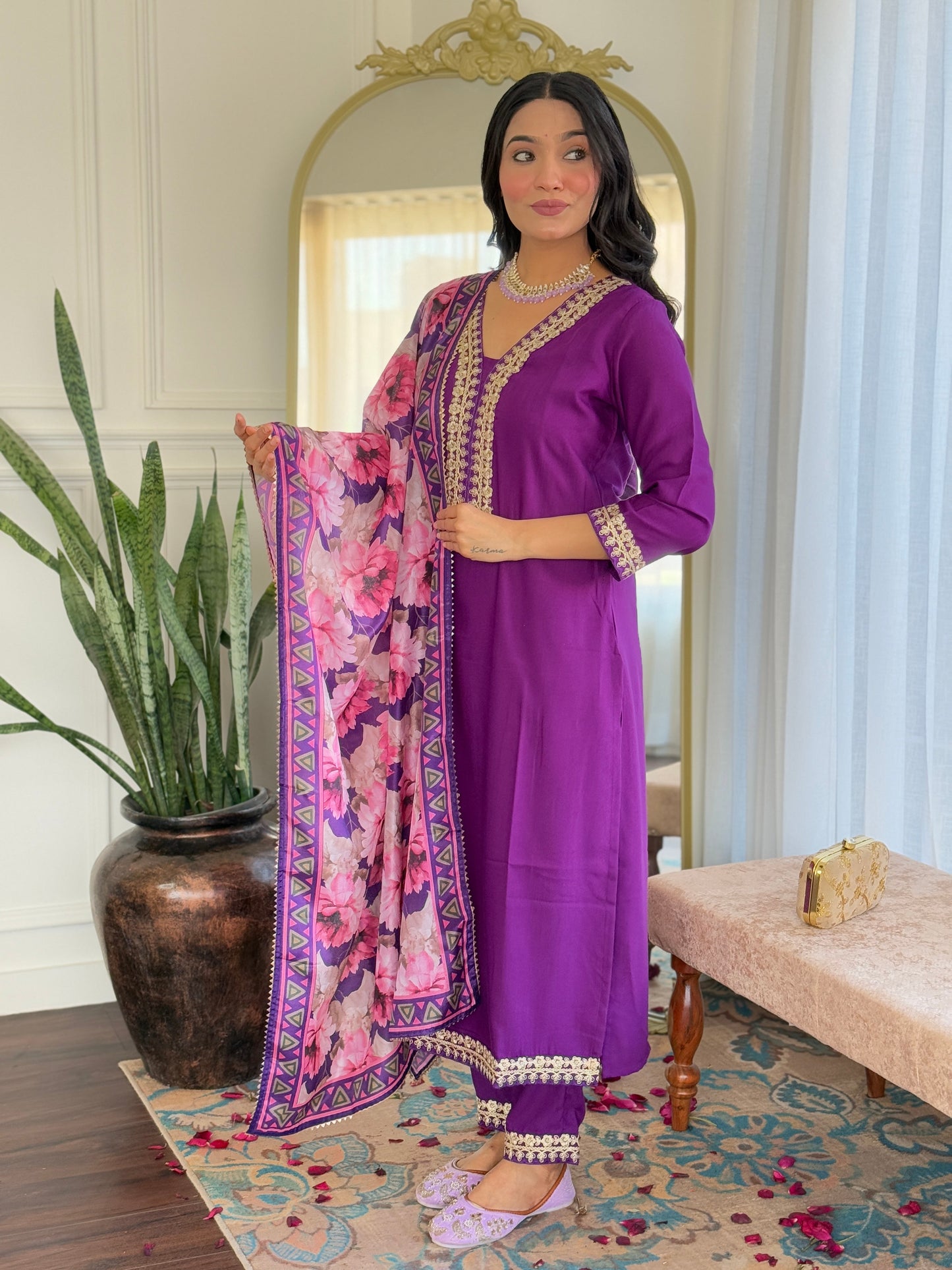 Luxrious Purple Kurta Set with Dupatta and Bottom