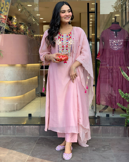 Charming Pink Embroidered Kurta Set with Sheer Dupatta
