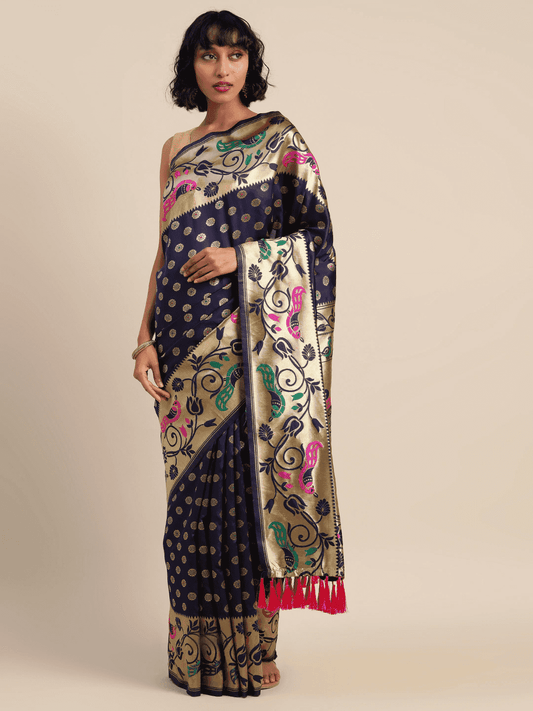 Stylish Navy Blue Colour Silk Banarasi Saree With Woven Design by My Store