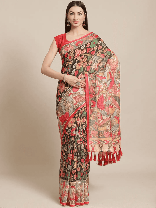Pure Linen Pen Kalamkari Digital Print Party Wear Saree by My Store