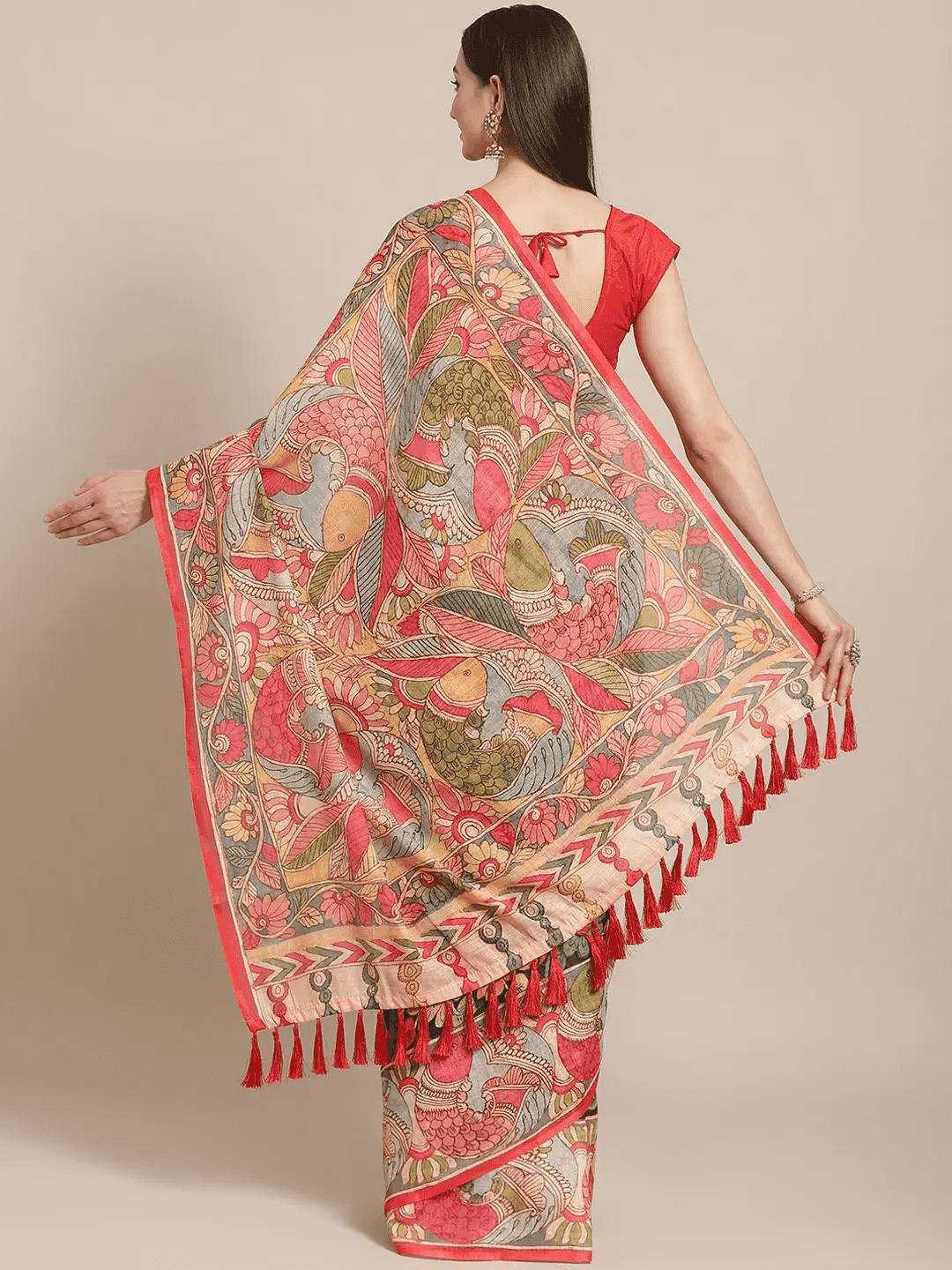 Pure Linen Pen Kalamkari Digital Print Party Wear Saree by My Store