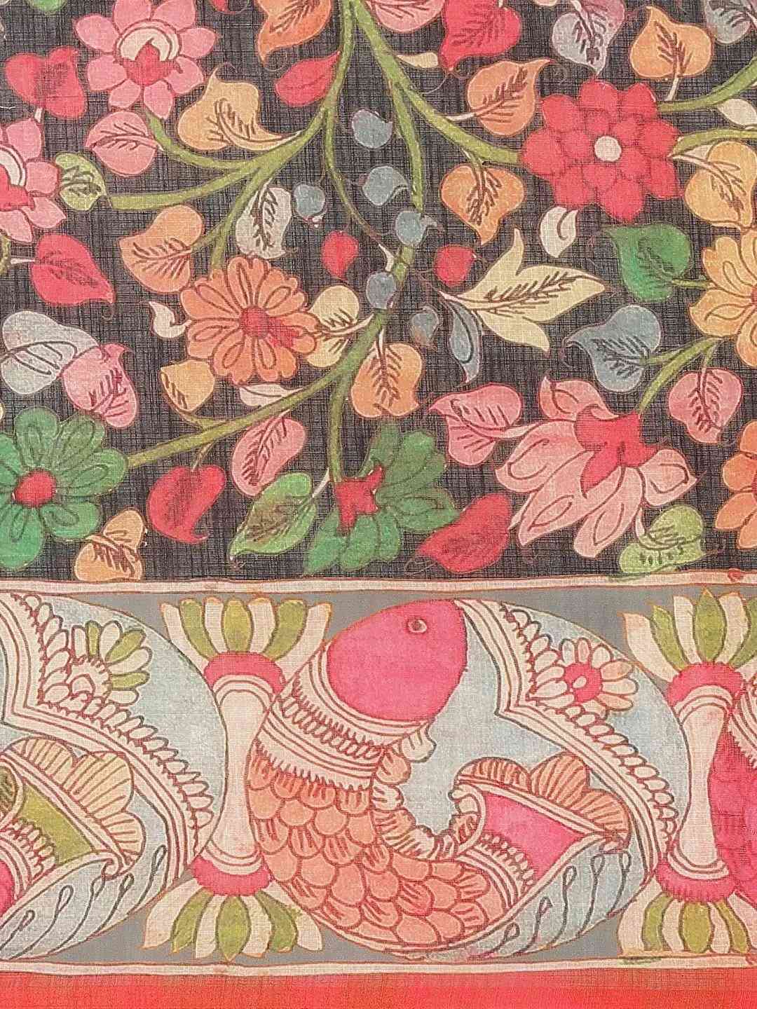 Pure Linen Pen Kalamkari Digital Print Party Wear Saree by My Store