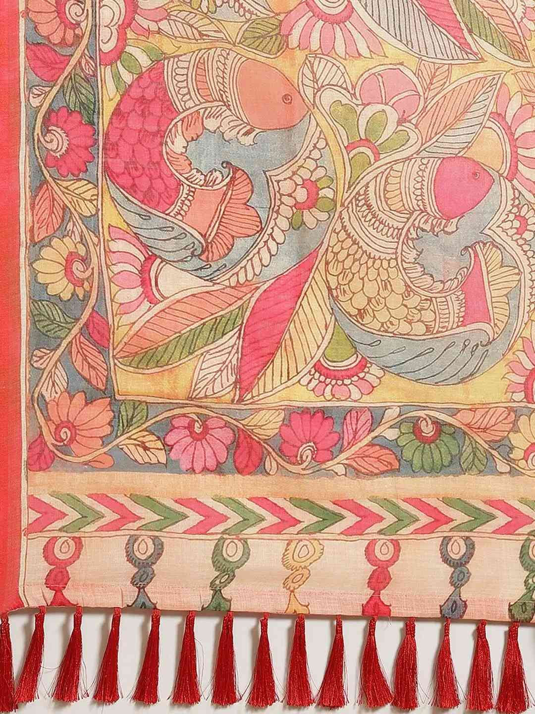 Pure Linen Pen Kalamkari Digital Print Party Wear Saree by My Store