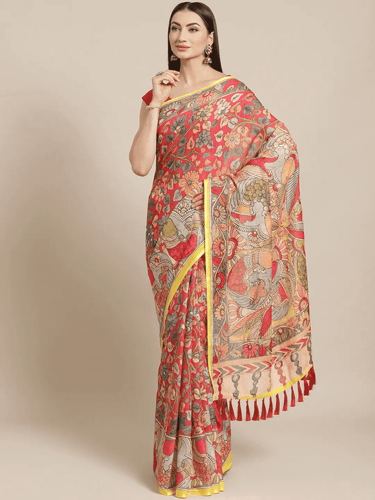 Pure Linen Pen Kalamkari Digital Print Party Wear Saree by My Store