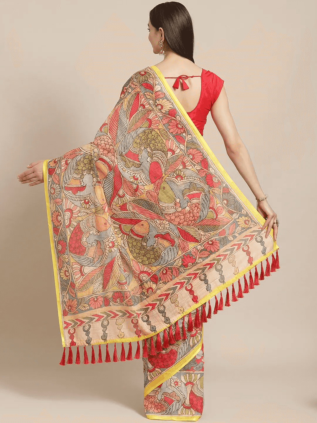 Pure Linen Pen Kalamkari Digital Print Party Wear Saree by My Store