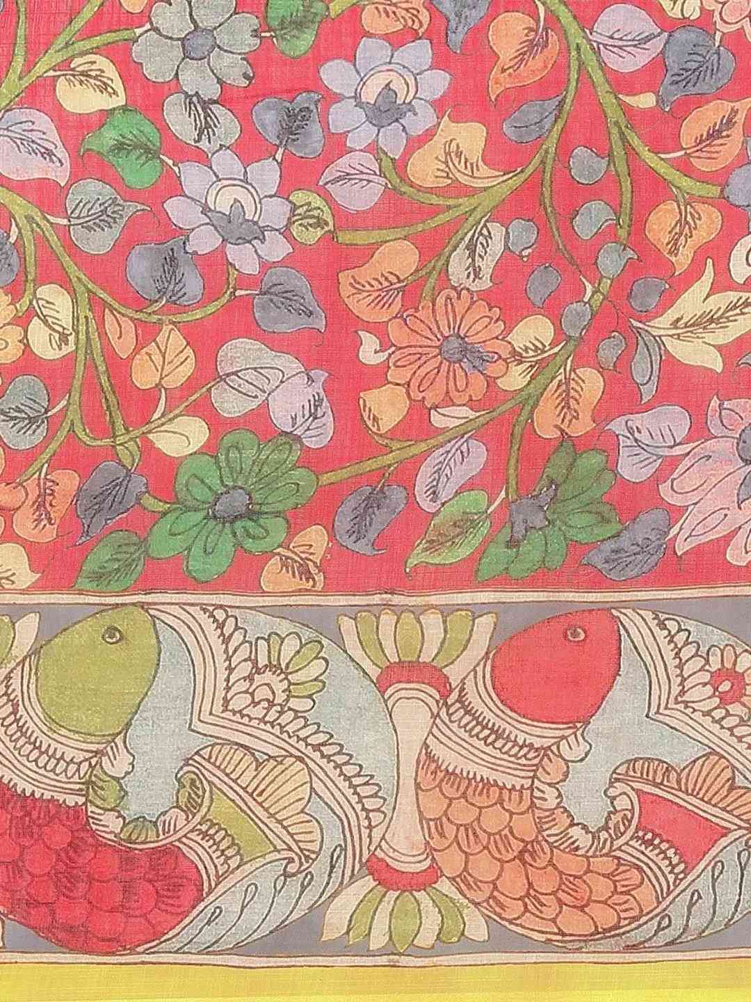 Pure Linen Pen Kalamkari Digital Print Party Wear Saree by My Store