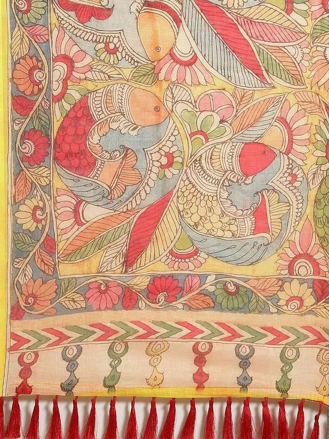 Pure Linen Pen Kalamkari Digital Print Party Wear Saree by My Store