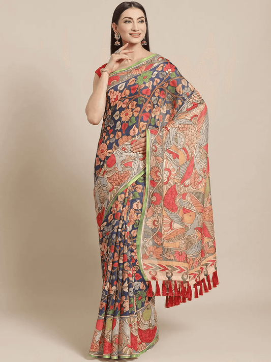 Pure Linen Pen Kalamkari Digital Print Party Wear Saree by My Store