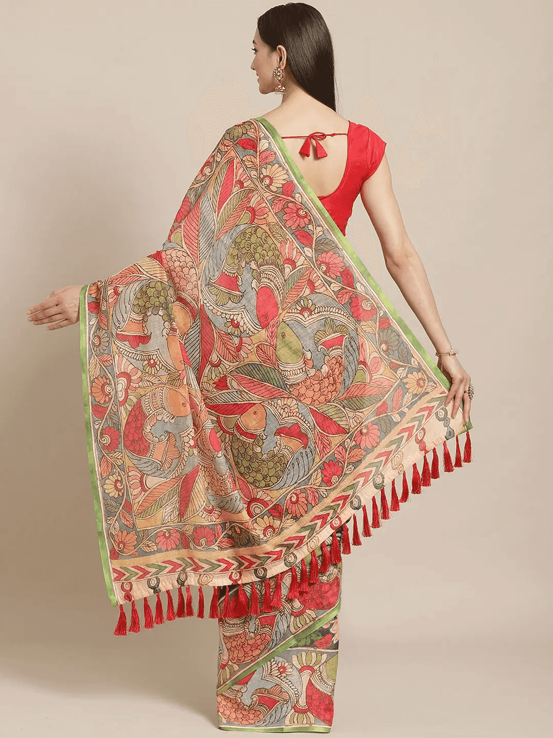 Pure Linen Pen Kalamkari Digital Print Party Wear Saree by My Store