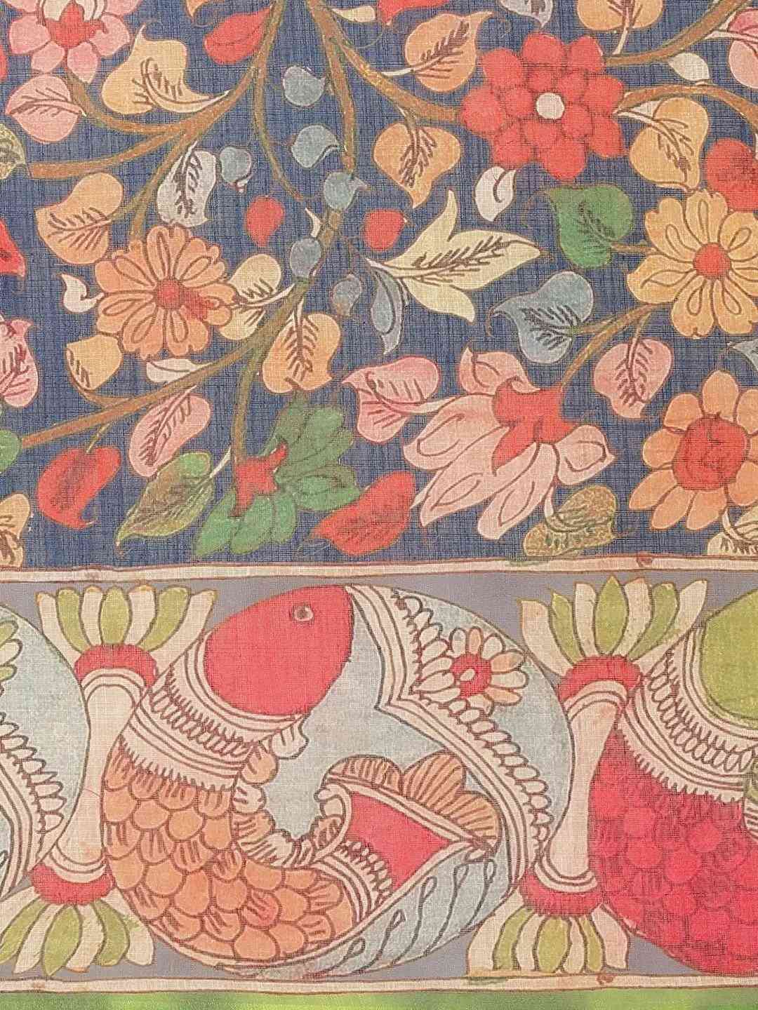 Pure Linen Pen Kalamkari Digital Print Party Wear Saree by My Store