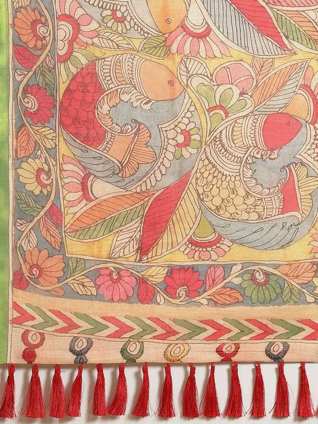 Pure Linen Pen Kalamkari Digital Print Party Wear Saree by My Store
