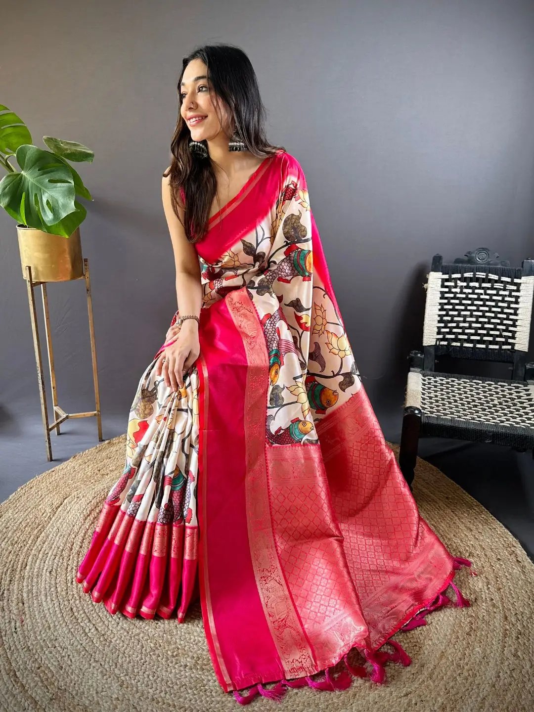 Ivory Silk Symphony Kalmkari Saree by My Store