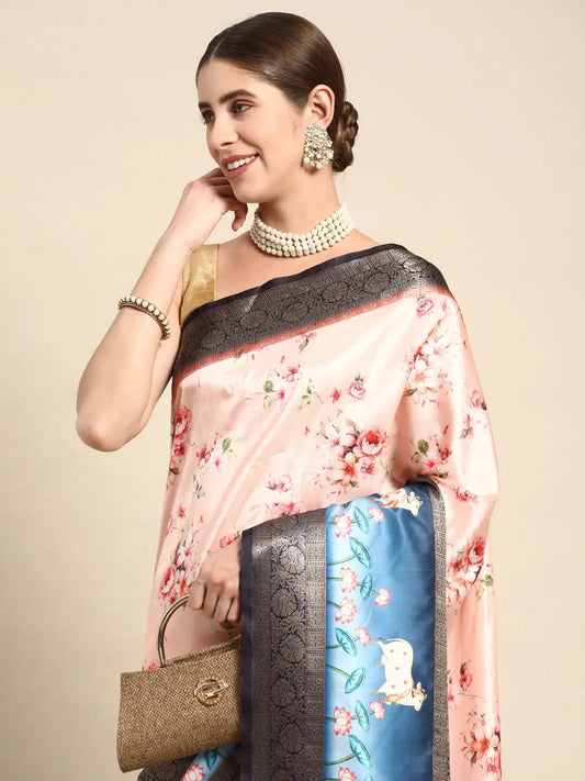 Soft Gadhwal Patti Woven Design Pichwai Print Banarasi Saree by My Store