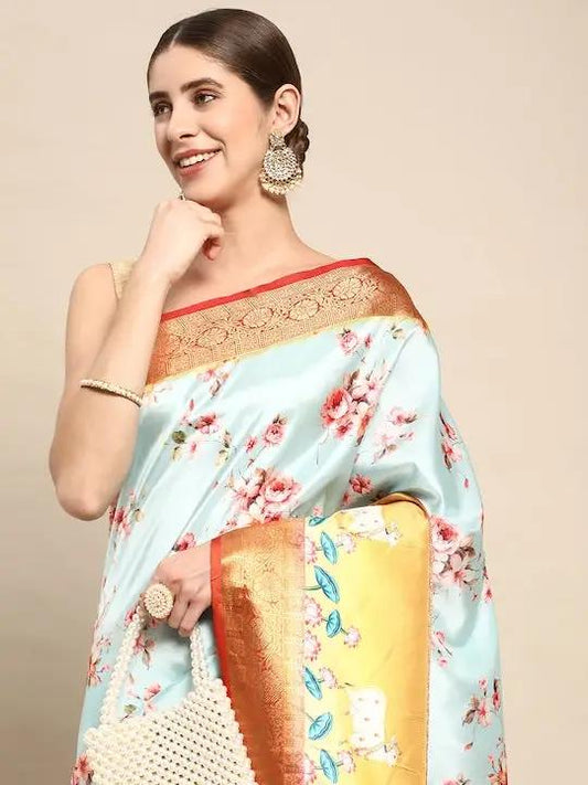 Soft Gadhwal Patti Woven Design Pichwai Print Banarasi Saree by My Store