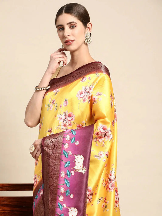 Soft Gadhwal Patti Woven Design Pichwai Print Banarasi Saree by My Store