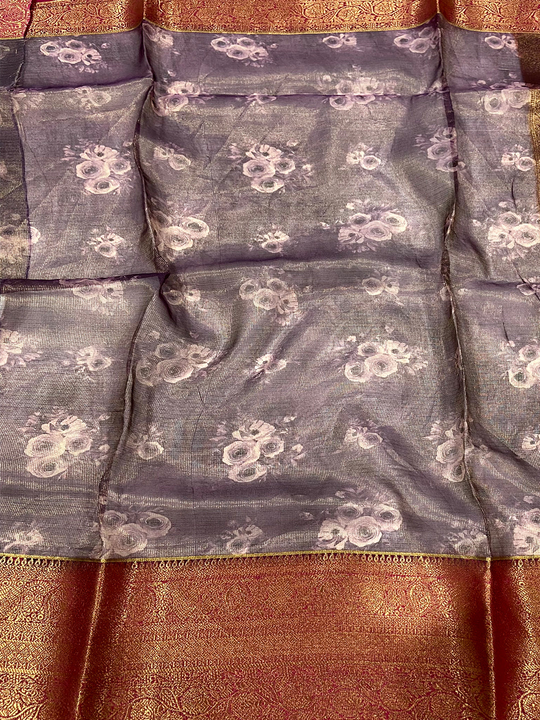 Purple Floral Gold Zari Tissue Saree by My Store