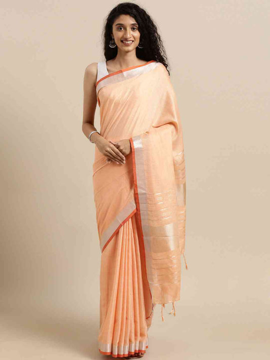 Stylish Solid Linen Saree With Zari Border by My Store