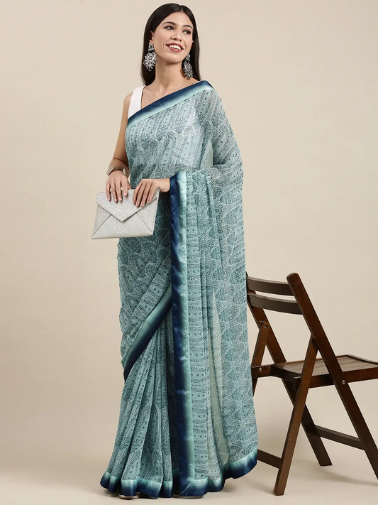 Soft Georgette Blue Colour Printed Saree by My Store