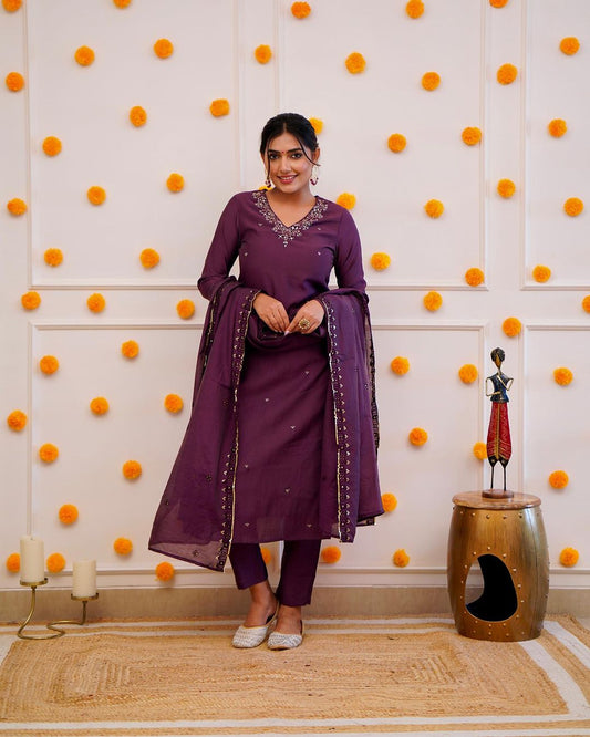 Silk Embroidered Purple Kurta Set