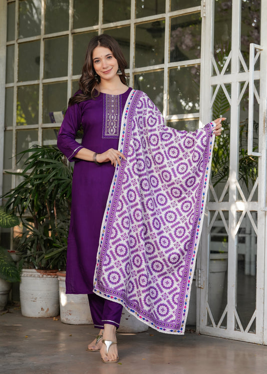Rayon Embroidered Purple Kurta Set
