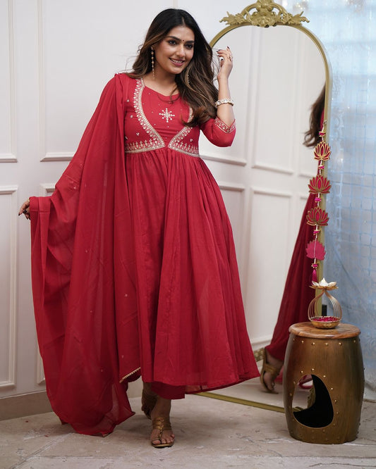Women's Red Embroidered Kurta Set with Dupatta – Festive Wear