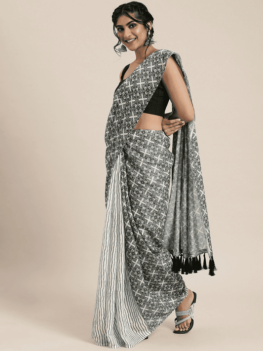 Stylish Linen Ajrak Printed Saree With Tassel by My Store